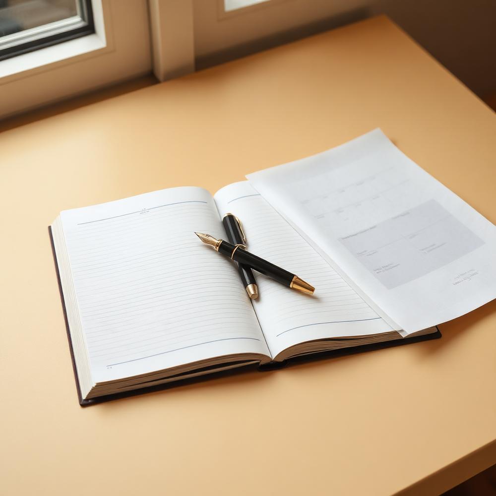 An open ledger with a fountain pen and folded document on a warm desk