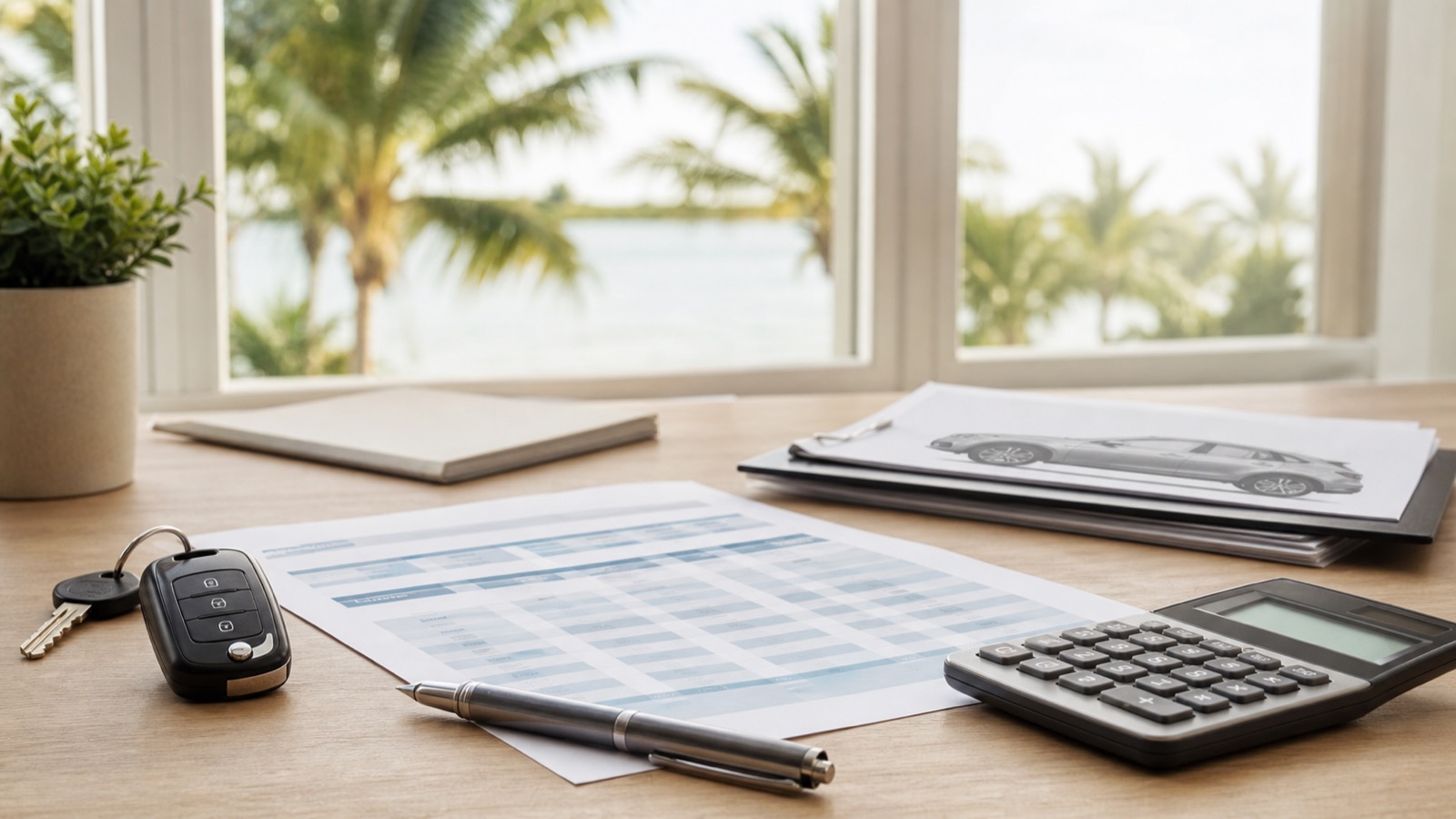 Florida auto loan comparison worksheet with car keys and calculator on a bright desk