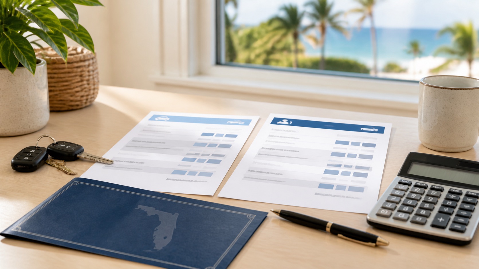 Florida auto loan and personal loan comparison papers with car keys, calculator and pen on a bright coastal desk