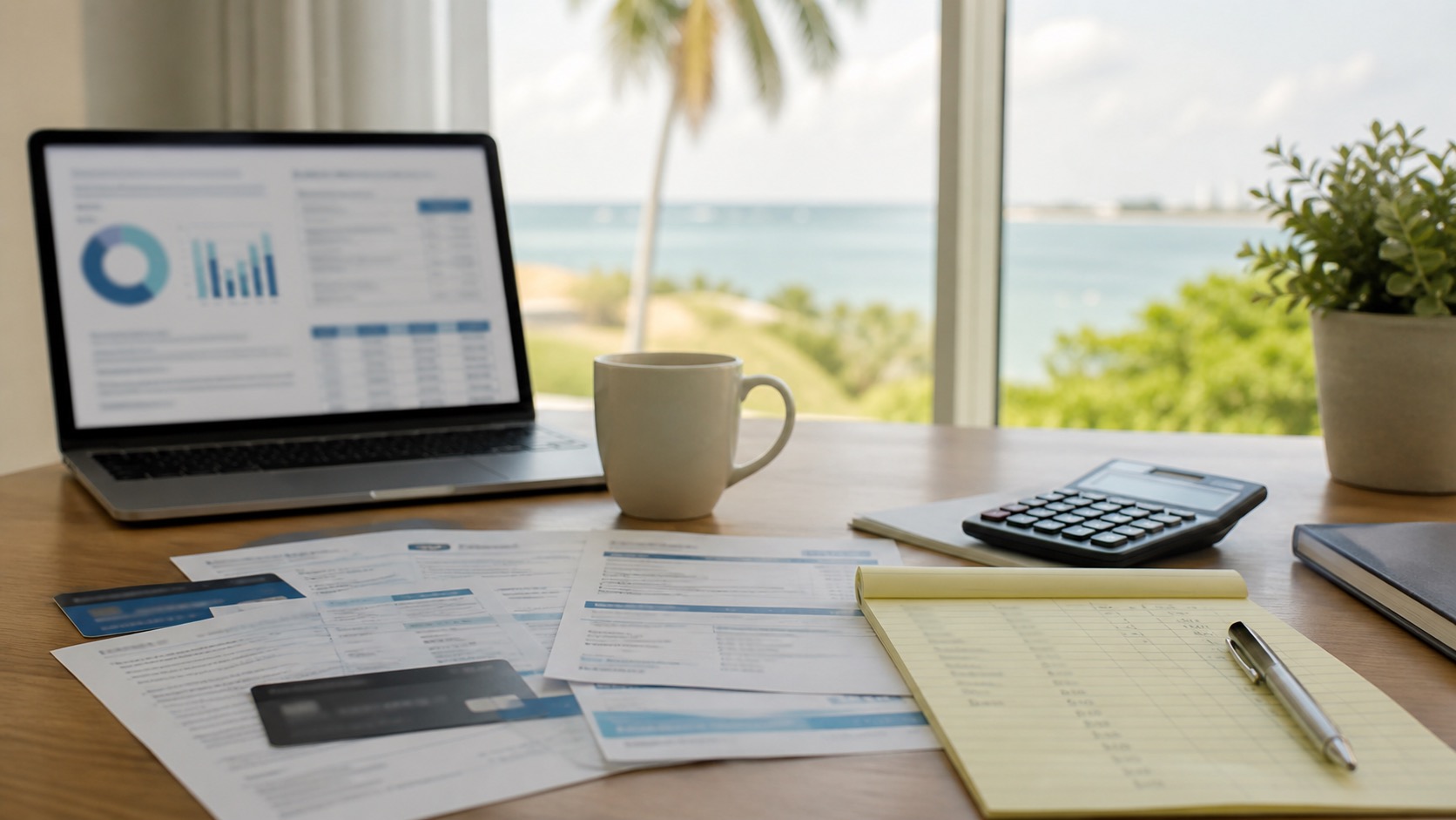 Florida debt consolidation comparison desk with statements, calculator, laptop and coastal daylight
