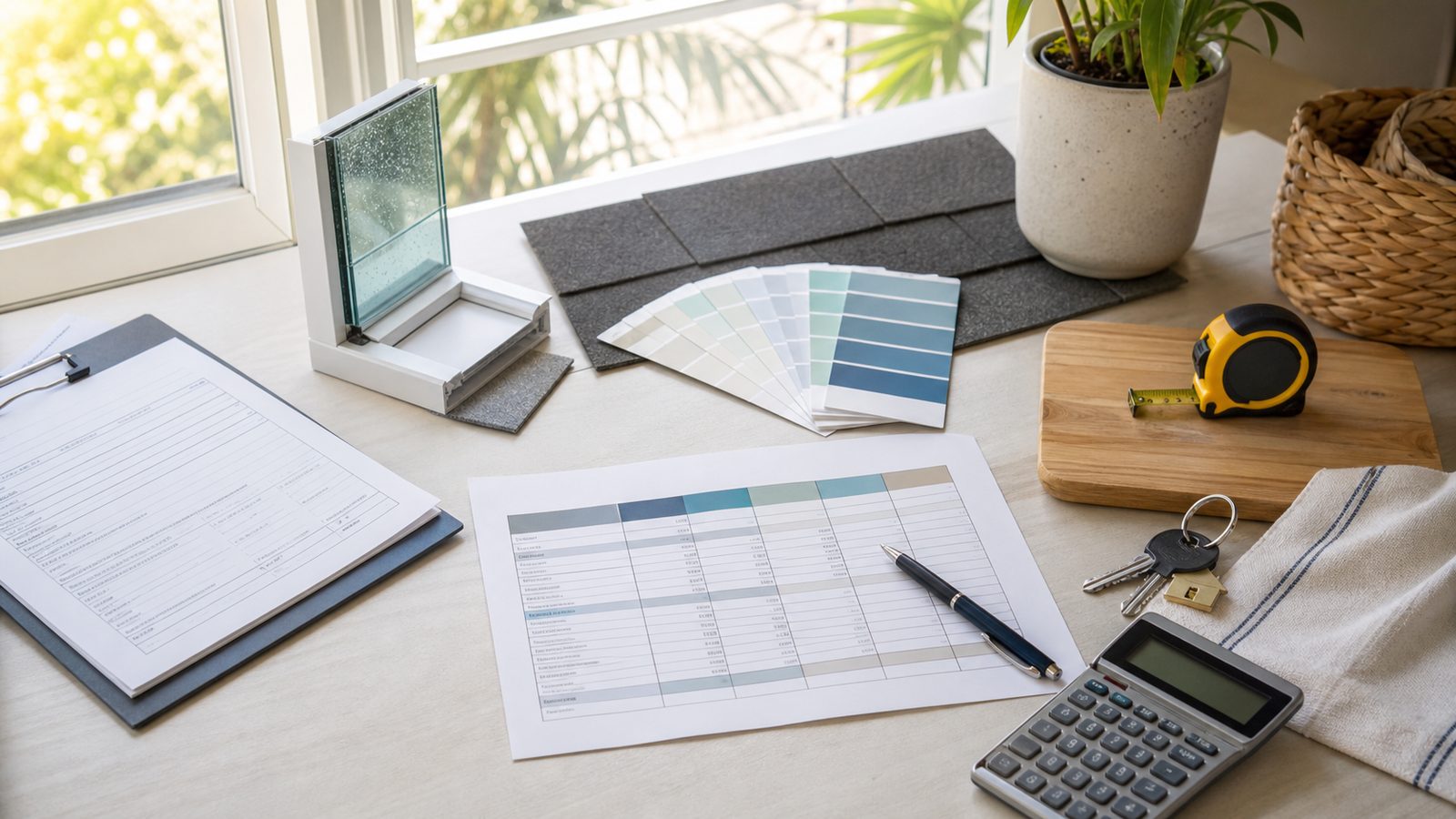 Florida home improvement loan comparison worksheet with calculator, paint swatches, window sample and house keys