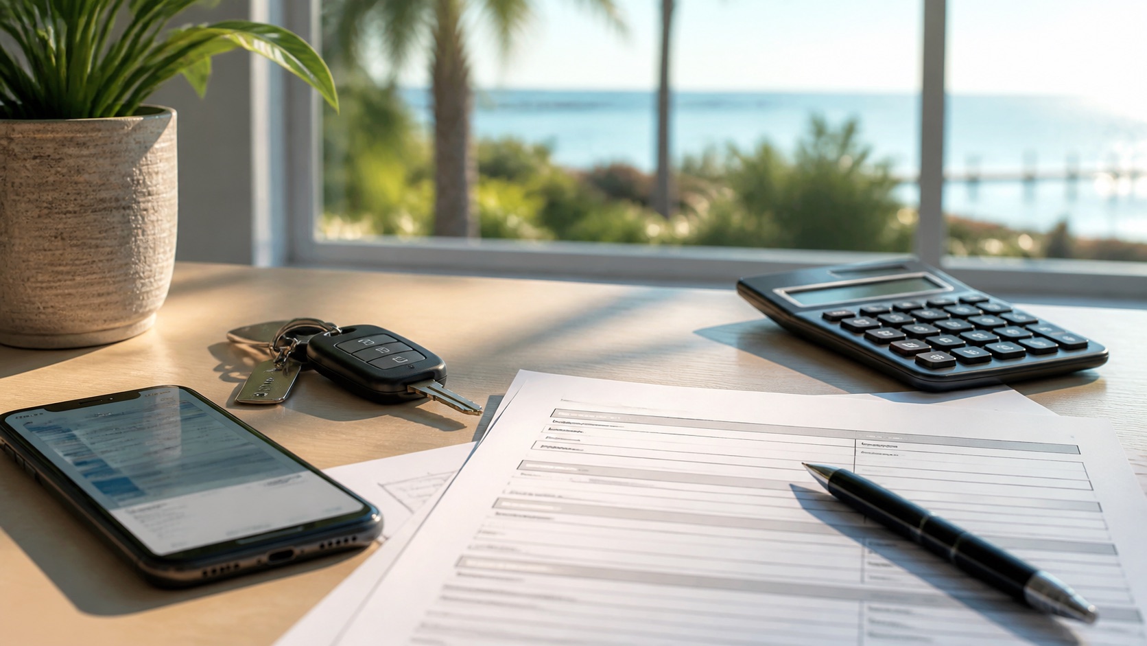 Desk with blank loan forms, keys, phone and calculator near a Lake Worth Beach window
