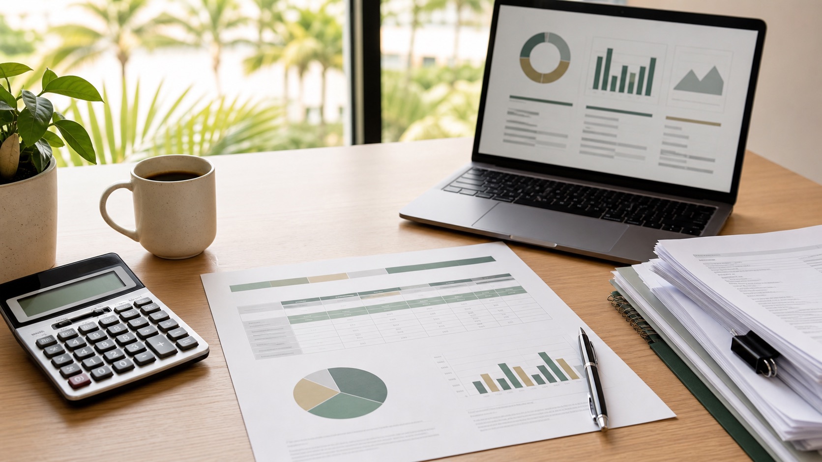 Business loan comparison worksheet, calculator and financial documents on a Palm Beach office desk