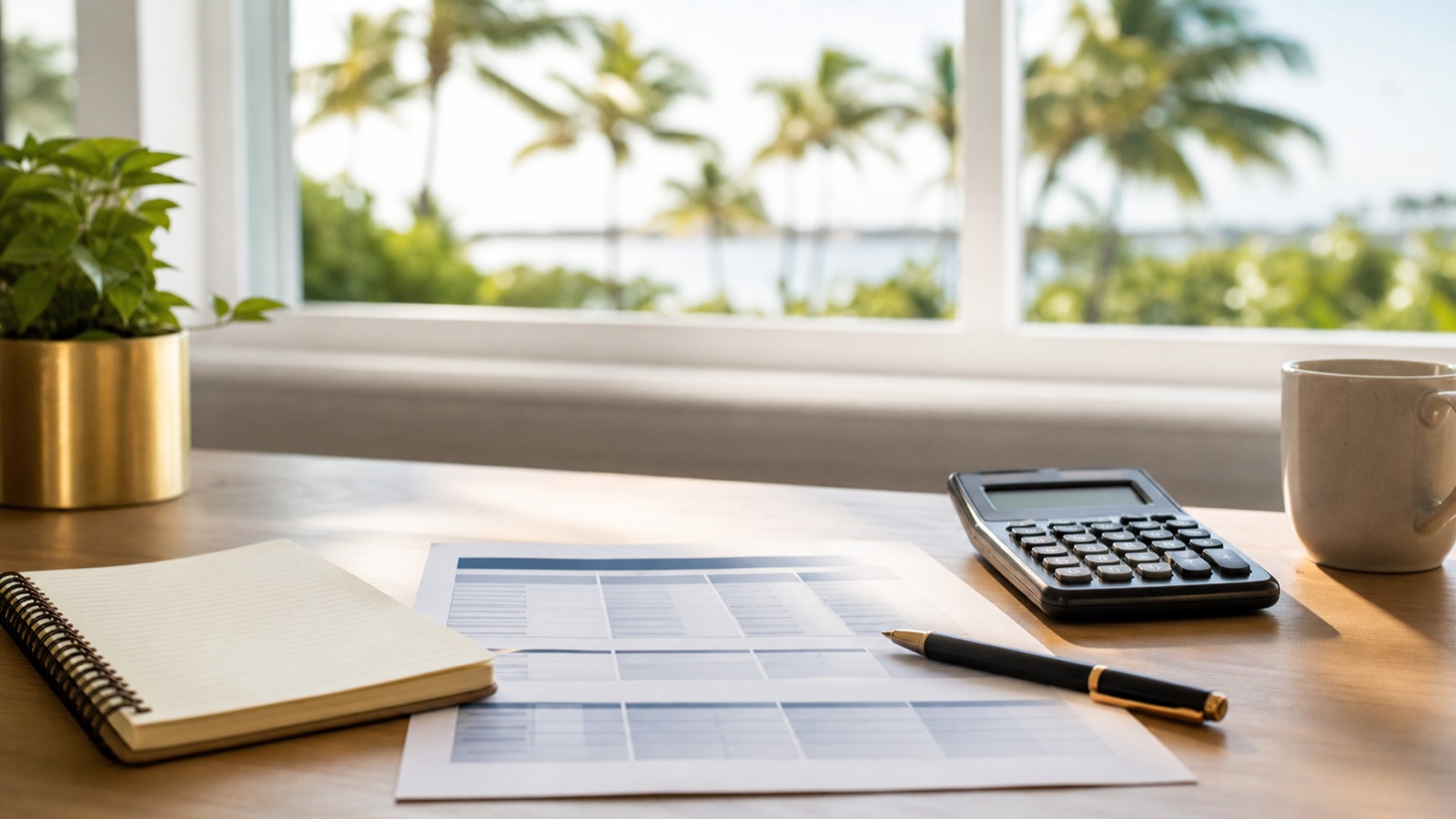 Loan comparison worksheet, calculator and notebook on a Palm Beach desk