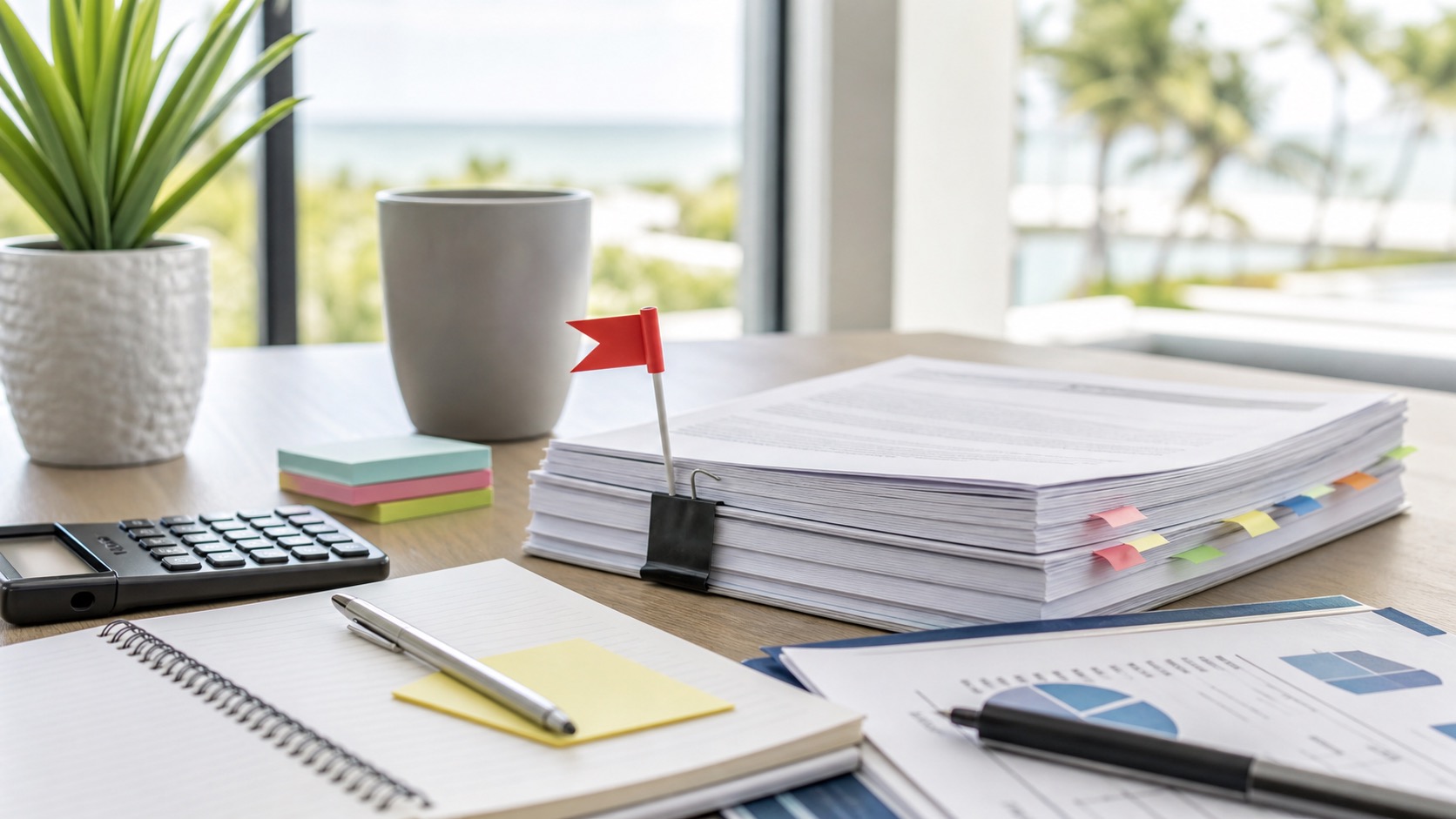 Small business loan documents with calculator and red flag marker on a Florida office desk