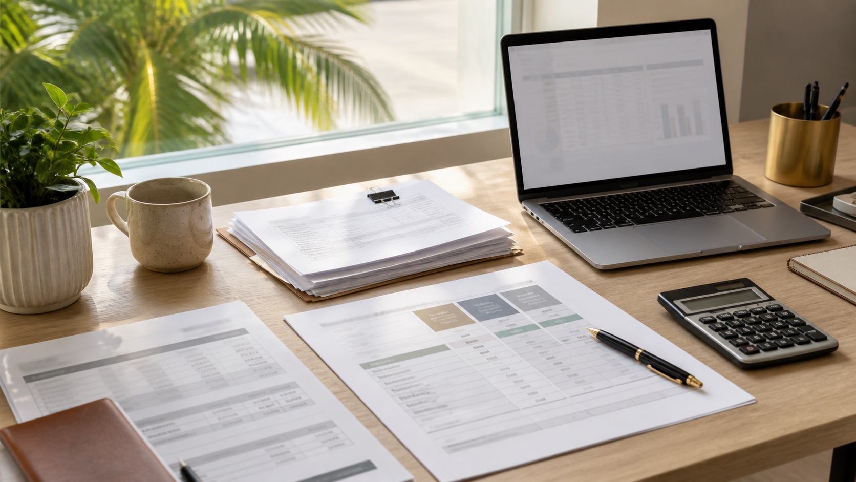 Small business financing comparison worksheet, calculator and laptop on a South Florida office desk