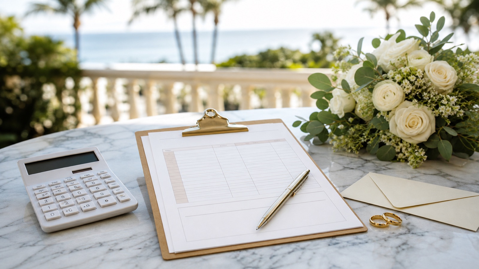 Wedding budget worksheet with calculator, rings, flowers, envelope and pen on a bright Palm Beach planning table